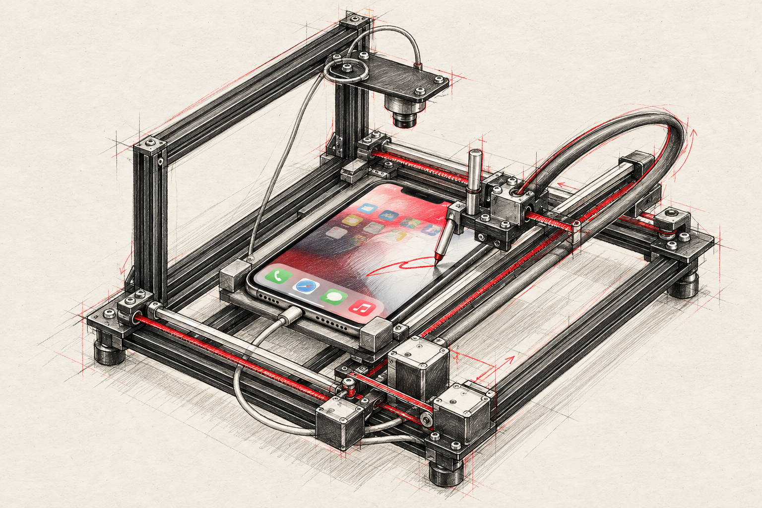 Raw graphite and red-pencil sketch of a robot, with an iPhone in its frame and a stylus touching the screen